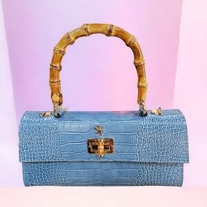 NWT Pratesi Firenze Castalia Denim Blue Croc Embossed Bamboo Handle Chain Bag